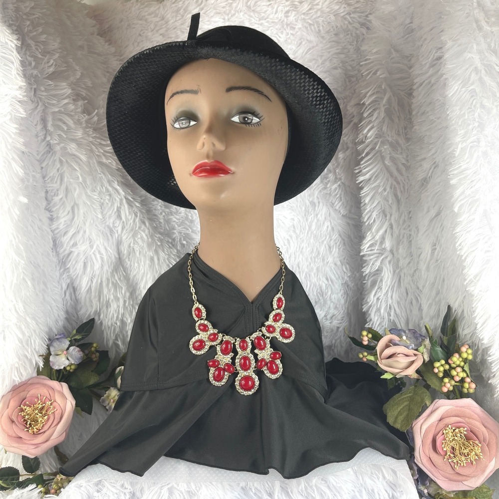 Unbranded Statement Bib Necklace Women OS Red Gold Tone Faux Gem Rhinestone Bold